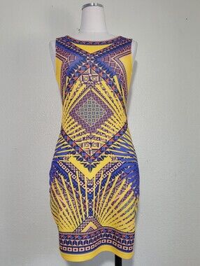 Peachpuff USA StretchVibrant Yellow & Blue Geometric Bodycon Dress Size Medium
